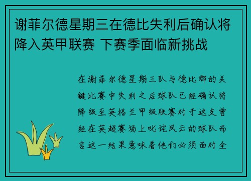 谢菲尔德星期三在德比失利后确认将降入英甲联赛 下赛季面临新挑战 谢菲尔德星期三在德比失利后确认将降入英甲联赛 下赛季面临新挑战
